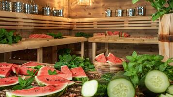 skivor av vattenmelon gurka och mynta löv anordnad runt om de bastu representerar naturlig avgiftande livsmedel. foto