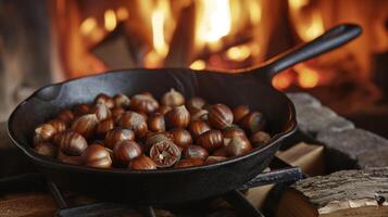 inbäddat i de flimmer glöd av en öppen spis en kasta järn panorera innehar en läckra samling av kastanjer varje ett spricker med caramelized smak. dessa rostad behandla foto