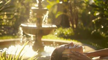 en lugn trädgård med en små fontän i de bakgrund var en klient är tar emot en huvud massage med närande oljor under de värma Sol foto