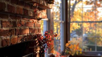 de traditionell tegel öppen spis strålar värme som du ta i de ändring färger av de höst löv genom de närliggande fönster. 2d platt tecknad serie foto