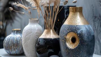 en serier av djärv och modern vaser med en blanda av texturer från slät och glansig till grov och matt skapande en dynamisk och ögonfångare visa. foto
