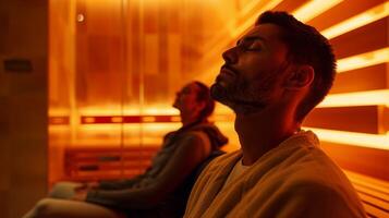 en de styrning en patient genom en guidad meditation i de bastu använder sig av de värme och stillhet till förbättra de erfarenhet. foto