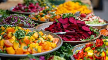 en lugg av färgrik frukt och vegetabiliska tallrikar konstfullt anordnad förbi en catering företag terar beta pommes frites och mango salsa foto