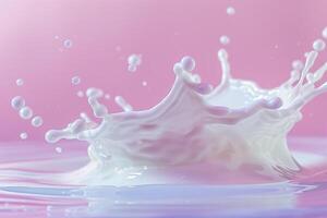 stänga upp av en mjölk stänk mot en lutning rosa till lila bakgrund, dynamisk och konstnärlig foto