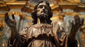 brons staty av Jesus christ med utsträckt händer foto