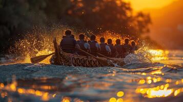 drake båt team paddling på solnedgång, gnistrande vatten droppar skapande magisk landskap foto