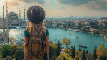 ung kvinna resande utsikt istanbul i en svart hatt foto