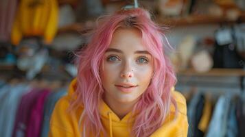 porträtt av en trendig gen z flicka med rosa hår bär gul luvtröja foto