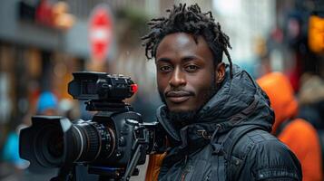 självsäker ung afrikansk amerikan videographer med kamera foto