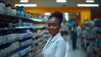 självsäker afrikansk amerikan apotekare på arbete i apotek foto