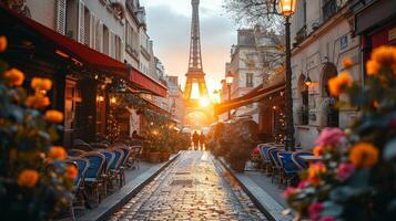 solnedgång se av paris gata med eiffel torn och Kafé atmosfär foto