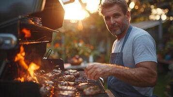 man grillning kött på modern gas grill i sommar kväll foto