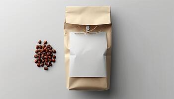 lyxig kaffe varumärke elegant papper väska attrapp med brun förpackning och märka, mörk kaffe bönor foto
