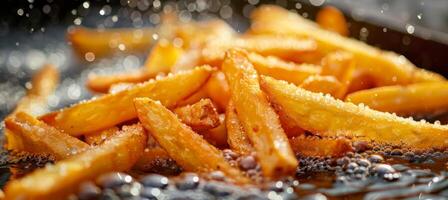 Krispig gyllene potatis pommes frites friterad i bubblande olja, kryddat till fullkomlighet för en härlig mellanmål foto