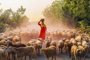 en lokal- kvinna och en stor får flock återvändande till de ladugård i de solnedgång, efter en dag av matning i de bergen i ninh thuan provins, vietnam. foto