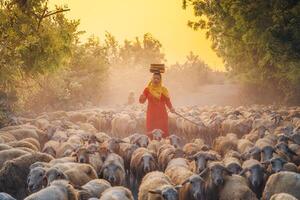 en lokal- kvinna och en stor får flock återvändande till de ladugård i de solnedgång, efter en dag av matning i de bergen i ninh thuan provins, vietnam. foto