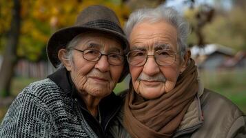porträtt av en par av två gammal människor av pensionering ålder. foto