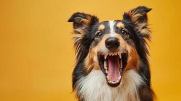 collie, arg hund blottande dess tänder, studio belysning pastell bakgrund foto