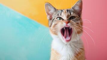 japansk bobtail, arg katt blottande dess tänder, studio belysning pastell bakgrund foto
