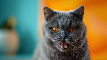 chartreux, arg katt blottande dess tänder, studio belysning pastell bakgrund foto