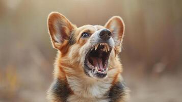 pembroke welsh corgi, arg hund blottande dess tänder, studio belysning pastell bakgrund foto