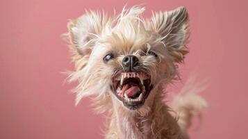 kinesisk krönt, arg hund blottande dess tänder, studio belysning pastell bakgrund foto