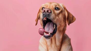 labrador retriever, arg hund blottande dess tänder, studio belysning pastell bakgrund foto