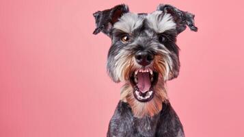 miniatyr- schnauzer, arg hund blottande dess tänder, studio belysning pastell bakgrund foto