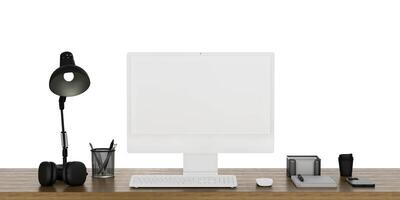 arbete skrivbord med dator på vit bakgrund foto