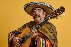 man i mexikansk utrusta spelar gitarr. foto