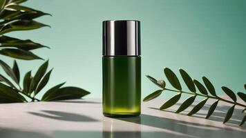 kosmetika flaska på ljus bakgrund med grön löv. organisk naturlig Ingredienser skönhet produkt. hud vård, skönhet och spa produkt presentation foto