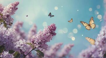 fjärilar och blommor är flygande över en blå himmel bakgrund foto