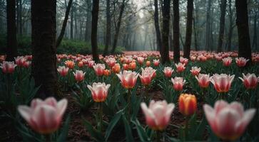 en fält av rosa och vit tulpaner i de trän foto