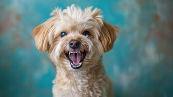 havanais, arg hund blottande dess tänder, studio belysning pastell bakgrund foto