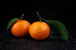 två mogen saftig mandariner på en svart bakgrund med droppar av vatten. foto