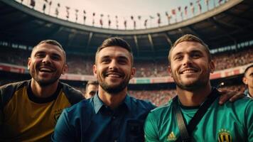 Lycklig män tittar på fotboll tändstickor i fotboll arenor foto