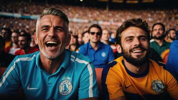 Lycklig män tittar på fotboll tändstickor i fotboll arenor foto
