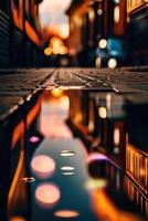 en gata på natt med lampor och reflektioner foto