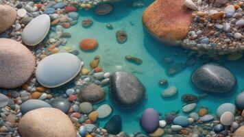 ai genererad textur transparent klar vattnen av de hav sjö med småsten under vatten foto