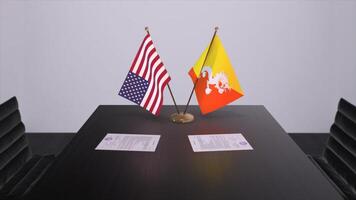 bhutan och USA på förhandlings tabell. företag och politik 3d illustration. nationell flaggor, diplomati handla. internationell avtal foto