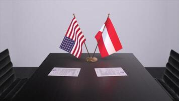 österrike och USA på förhandlings tabell. företag och politik 3d illustration. nationell flaggor, diplomati handla. internationell avtal foto