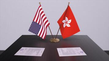 hong kong och USA på förhandlings tabell. företag och politik 3d illustration. nationell flaggor, diplomati handla. internationell avtal foto