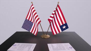 Liberia och USA på förhandlings tabell. företag och politik 3d illustration. nationell flaggor, diplomati handla. internationell avtal foto