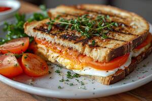 solkysst tomat och ägg panini, stänkte med persilja, en lyxig frukost foto