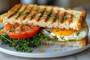 ägg och tomat panini med persilja strössel, klassisk frukost omarbetat foto