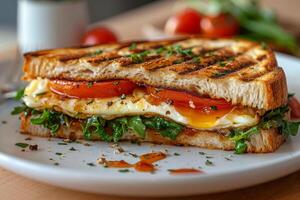 välsmakande ägg panini med knaprig tomat skivor, garnerad med färsk persilja foto