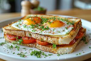 hantverkare panini med ägg och tomat, kärlek affär med frukost foto