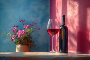 en flaska och glas av röd vin, inbjudande ett kväll av berättelser och delad minnen foto