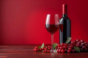 fira livets finaste med en Häll i av röd vin, accentuerad förbi en stänk av vindruvor, röd bakgrund foto