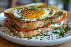 en rostat bröd till gourmet morgnar med detta ägg och tomat skapande foto